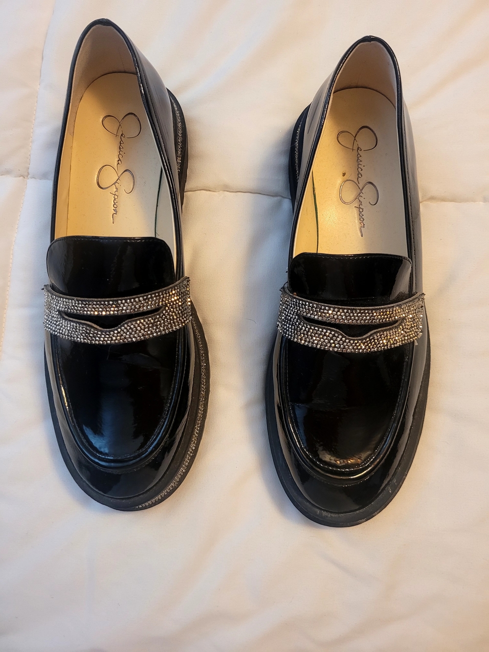 Jessica Simpson Penny Loafers With Rhinestone Accents.